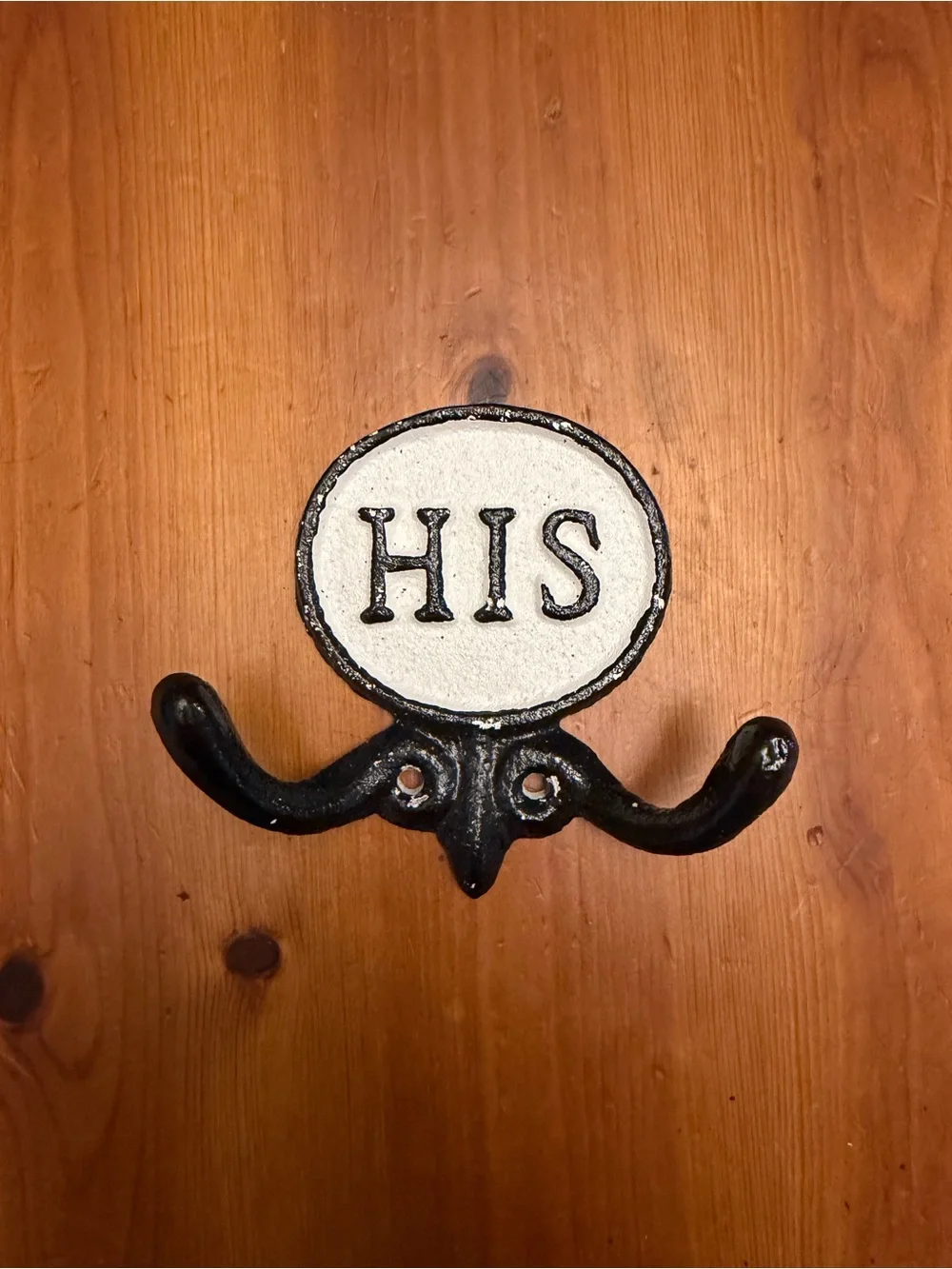 HIS & HERS Wall Hooks — Black Cast Iron with White Heavy Plaques